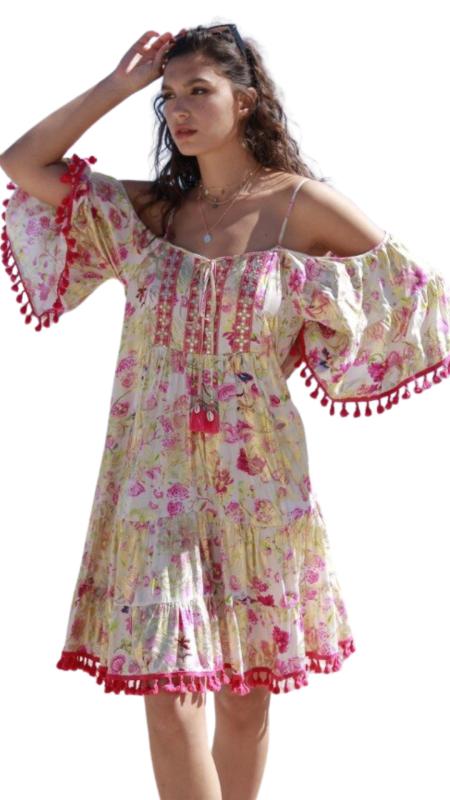 Preview: Tunikakleid Sommerkleid mit Pompoms und Häkelbordüren Boheme